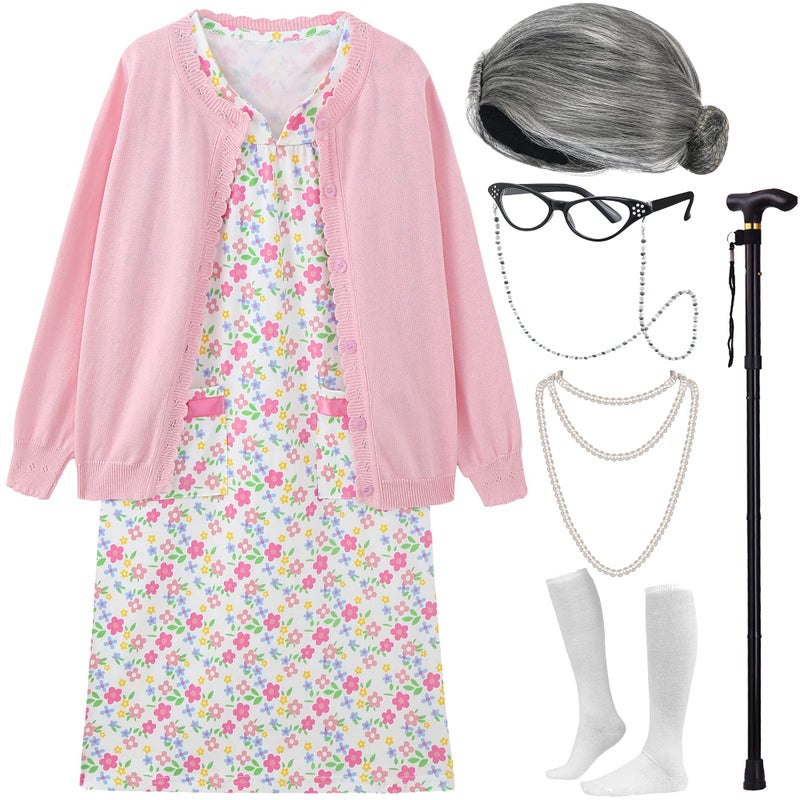EBYTOP Old Lady Costume for Kids Halloween 100th Day of School Girls Dress up Granny Wig Grandma 100 Days Glasses Cane 1-PK 3-4 Years - Image 1